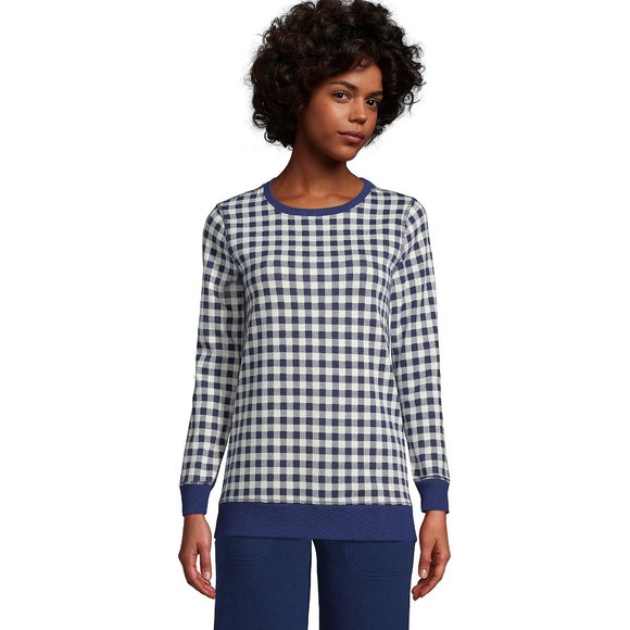 Lands' End Tops - Fleece Reversible Tunic Sweatshirt Cream and Dark Blue Checks Checkered size M